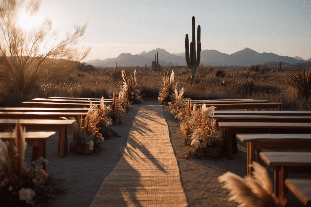 Fall wedding ceremony at Cocoraque Ranch with saguaro silhouettes at golden hour