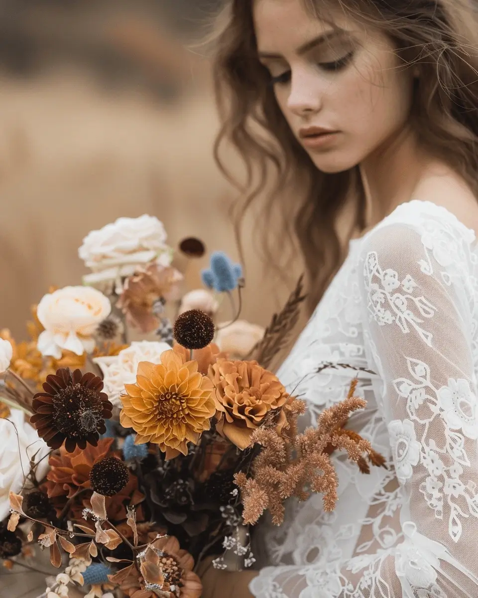 Bride in lace sleeves holding a wild fall bouquet in rust, marigold, plum, cream, and muted blue.