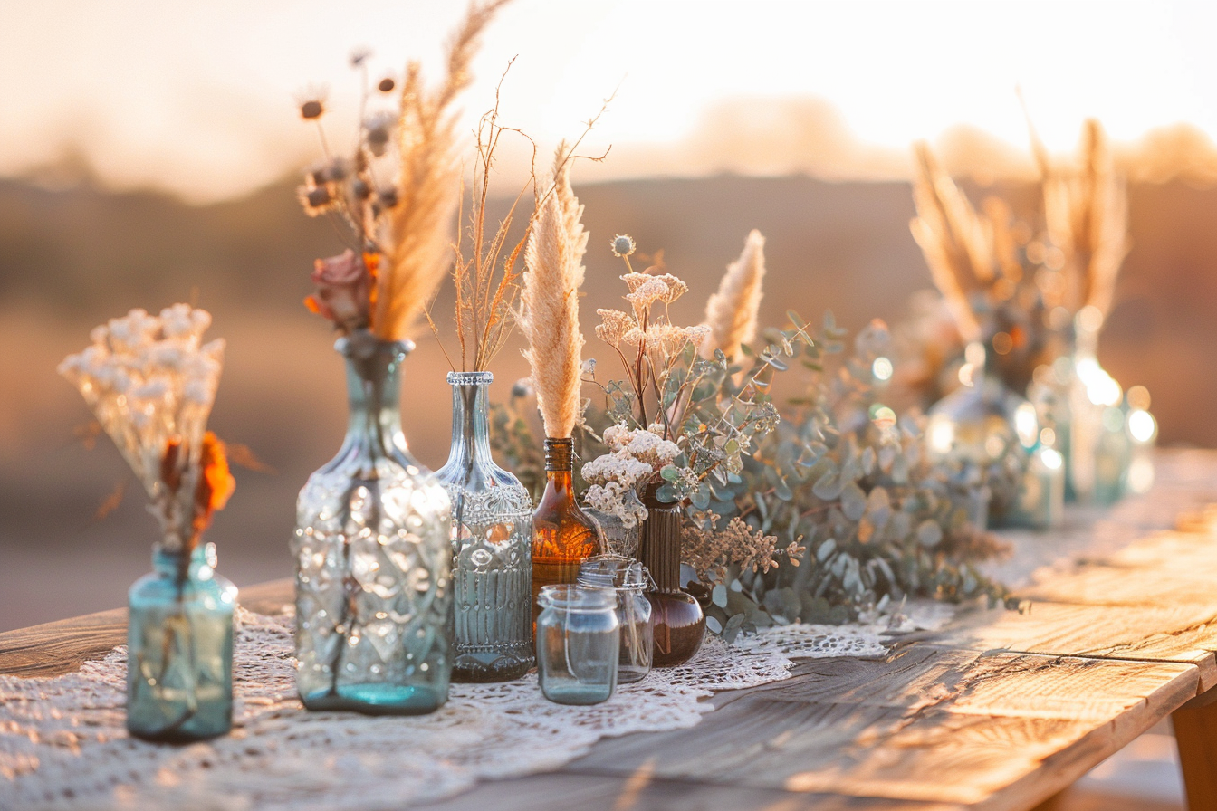 Lace runner with glass bottles and dried flowers on a rustic wood table, Ranch Wedding Packages and Pricing in Tucson AZ.
