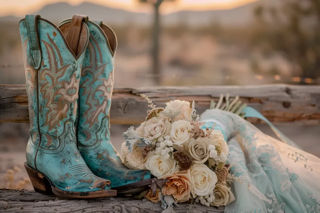 Turquoise cowboy boots with a bridal bouquet on a rustic fence at sunset, image for Ranch Wedding Packages and Pricing in Tucson AZ.