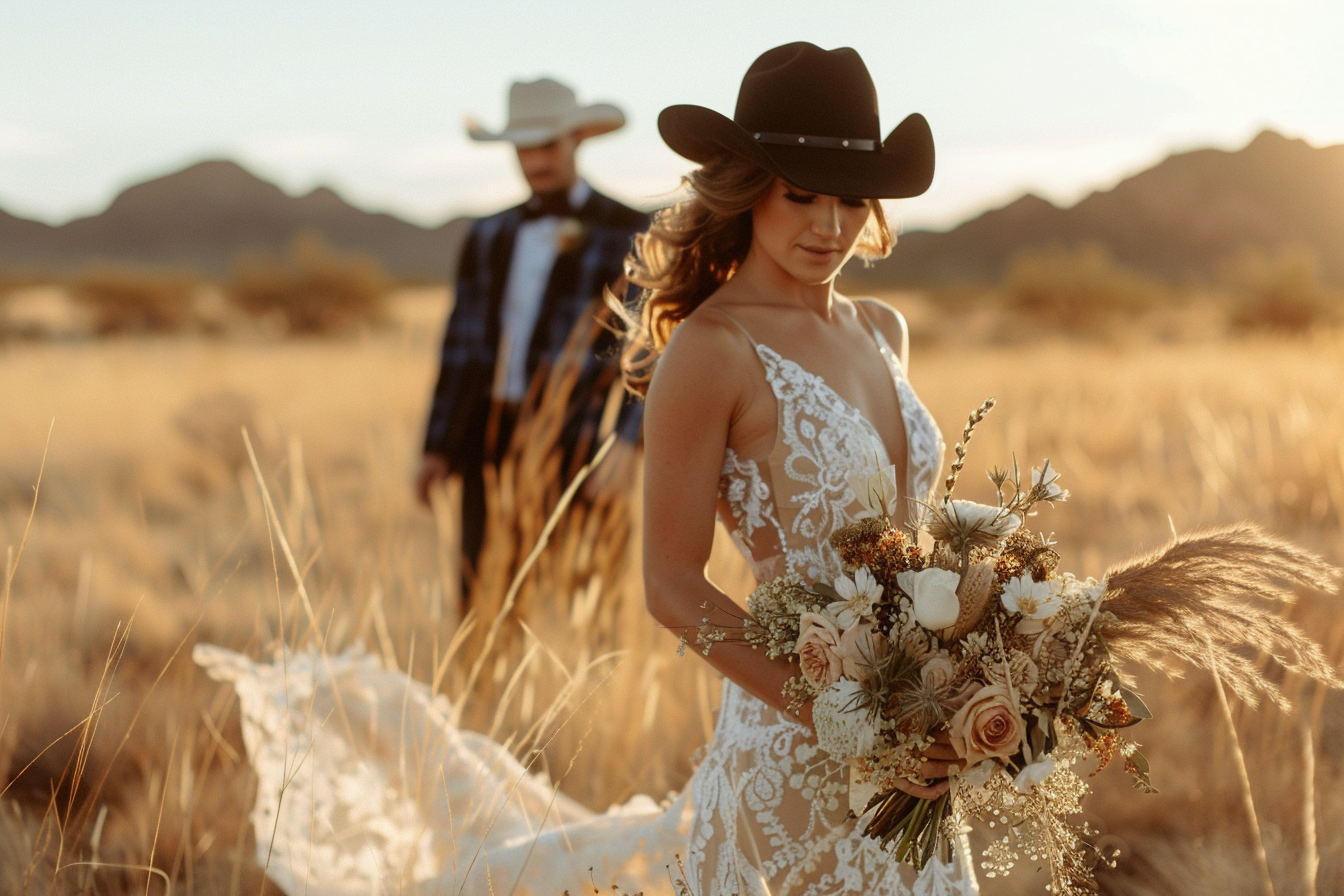 Rustic western bride holding a wildflower bouquet with groom in cowboy hat behind her during sunset portraits at a wedding venue in Marana, Arizona.